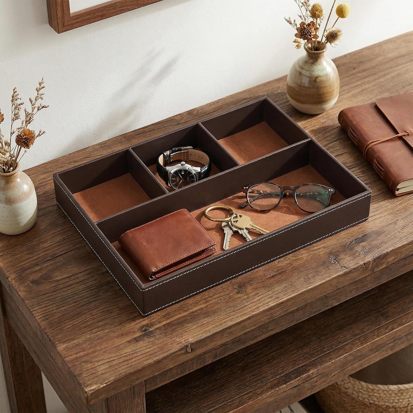 Faux Leather Valet Tray for Men, PU Leather Stackable Jewelry Tray, Men's Nightstand Caddy Trays, Valet Trays Desk Organizer for Key, Wallet, Phone, Coin, Sunglass, Watch, Brown