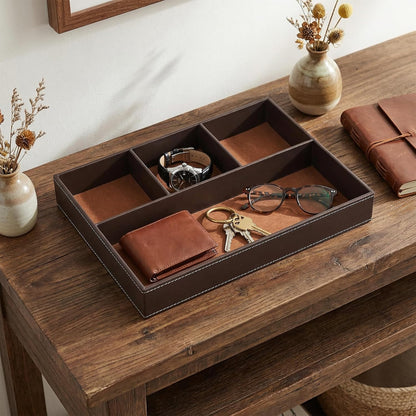 Faux Leather Valet Tray for Men, PU Leather Stackable Jewelry Tray, Men's Nightstand Caddy Trays, Valet Trays Desk Organizer for Key, Wallet, Phone, Coin, Sunglass, Watch, Brown