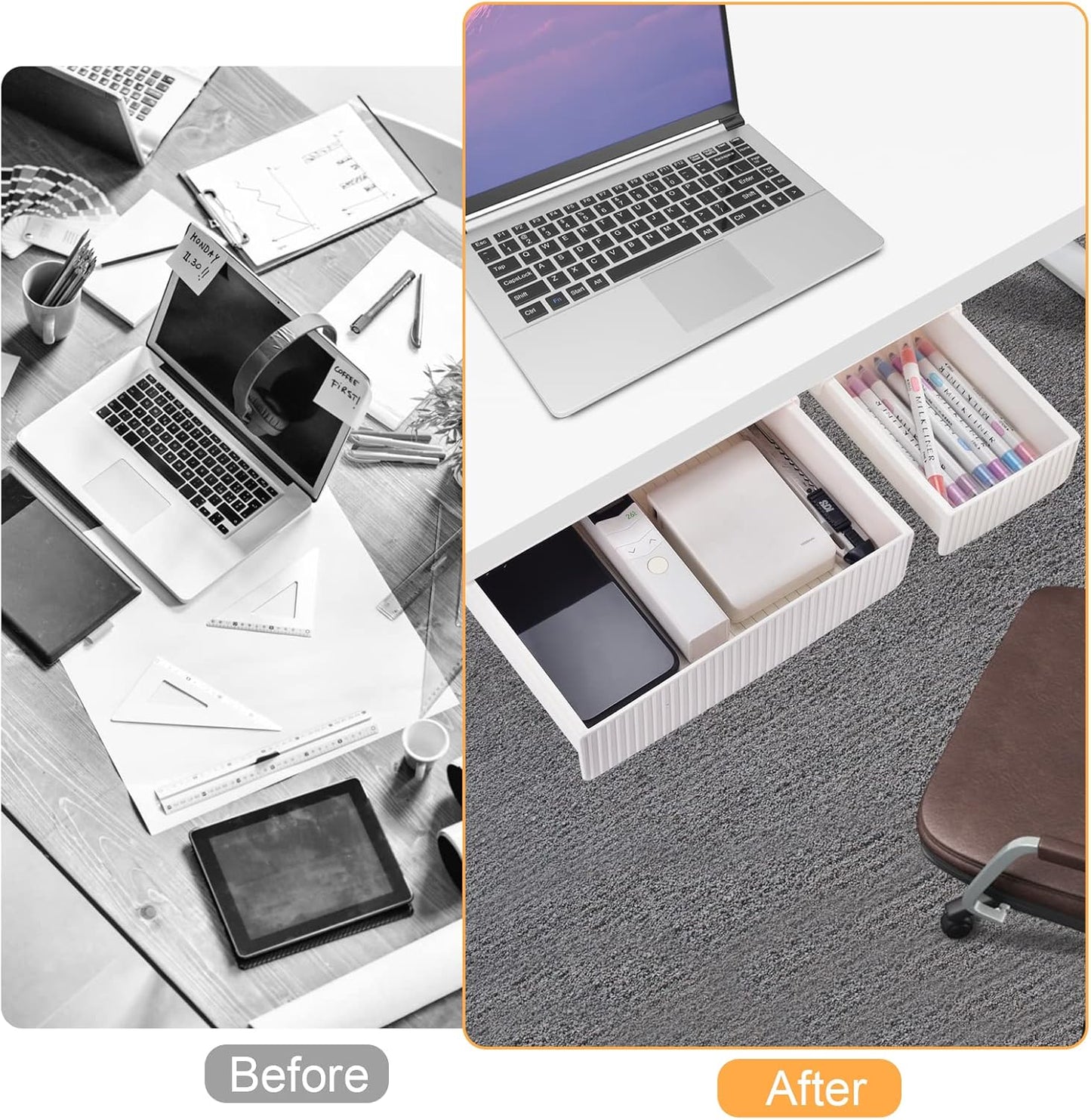 YOOUSOO 2 Pack Under Desk Drawer Storage, Under Desk Organizer, Hidden Self-Adhesive Desks Drawers Slide-out, Stick on Desks Drawer White, Under Mount Drawers for Office/Classroom/Home