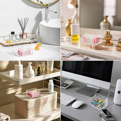 Clear Acrylic Cotton Swab Ball Holder Qtip Organizer with Lid 2-Grid Canister for Make Up Pads, Floss Picks, Vanity Storage,Bath Salts, Cosmetics, Home Bathroom Decor (DP004)