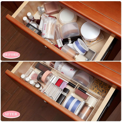 Chunful 2 Pieces Makeup Drawer Organizer 6 Section Clear Desk Organizer with Dividers 3 Section Acrylic Makeup Tray Divided Drawer Inserts Sectioned Tray Storage