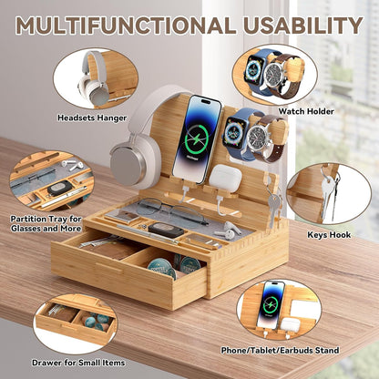 Pezin & Hulin Wooden Charging Station, Bedside Nightstand Tray, with Spacious Drawer, Felt Pads for Phones, Watch, Idea Gifts for Him Birthday, Son, Christmas for Papa Fathers Day (Nature)