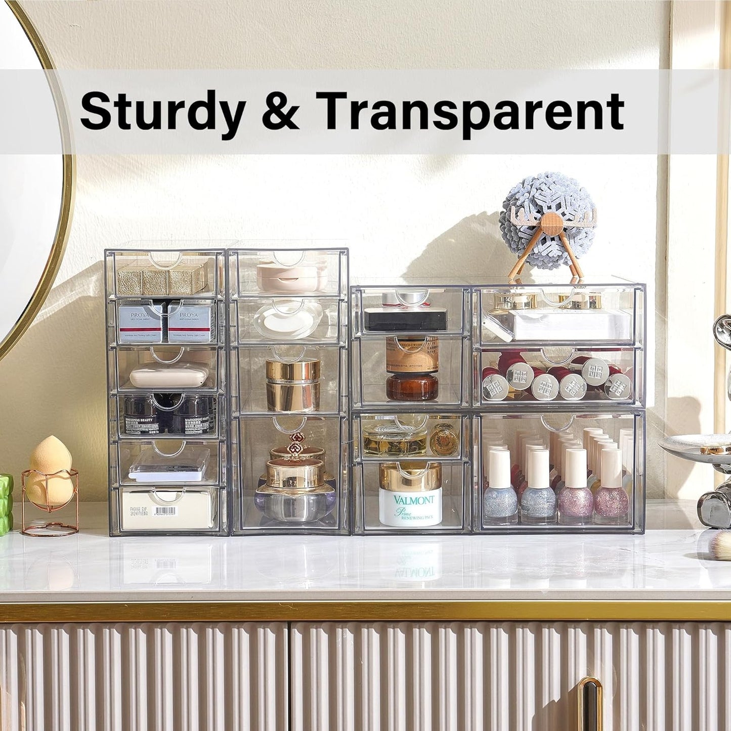 Prsildan Acrylic Makeup Organizer, 2 Pack Stackable Storage Drawers with 6 Drawers for Office Desk Vanity Craft Room Clear Drawer Organizers for Hair Accessories Art Supplies Cosmetics Modular System