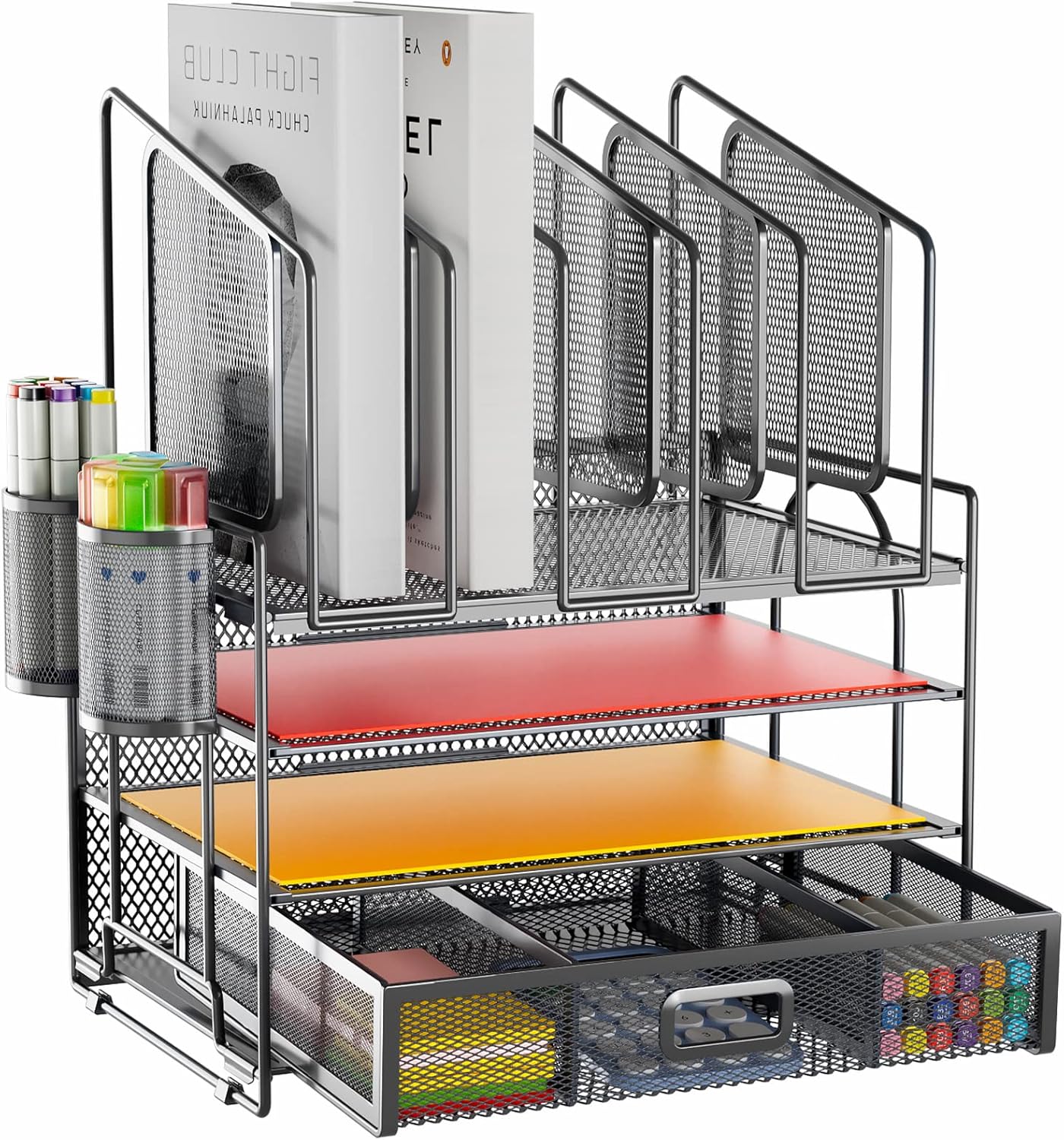 Marbrasse Desk Organizer with Drawer, 4-Tier Mesh File Organizer with 5 Vertical File Holders and 2 Pen Holders, Multifunction Desktop Organizer,Desk Organizers and Accessories for Home Office