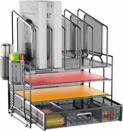 Marbrasse Desk Organizer with Drawer, 4-Tier Mesh File Organizer with 5 Vertical File Holders and 2 Pen Holders, Multifunction Desktop Organizer,Desk Organizers and Accessories for Home Office