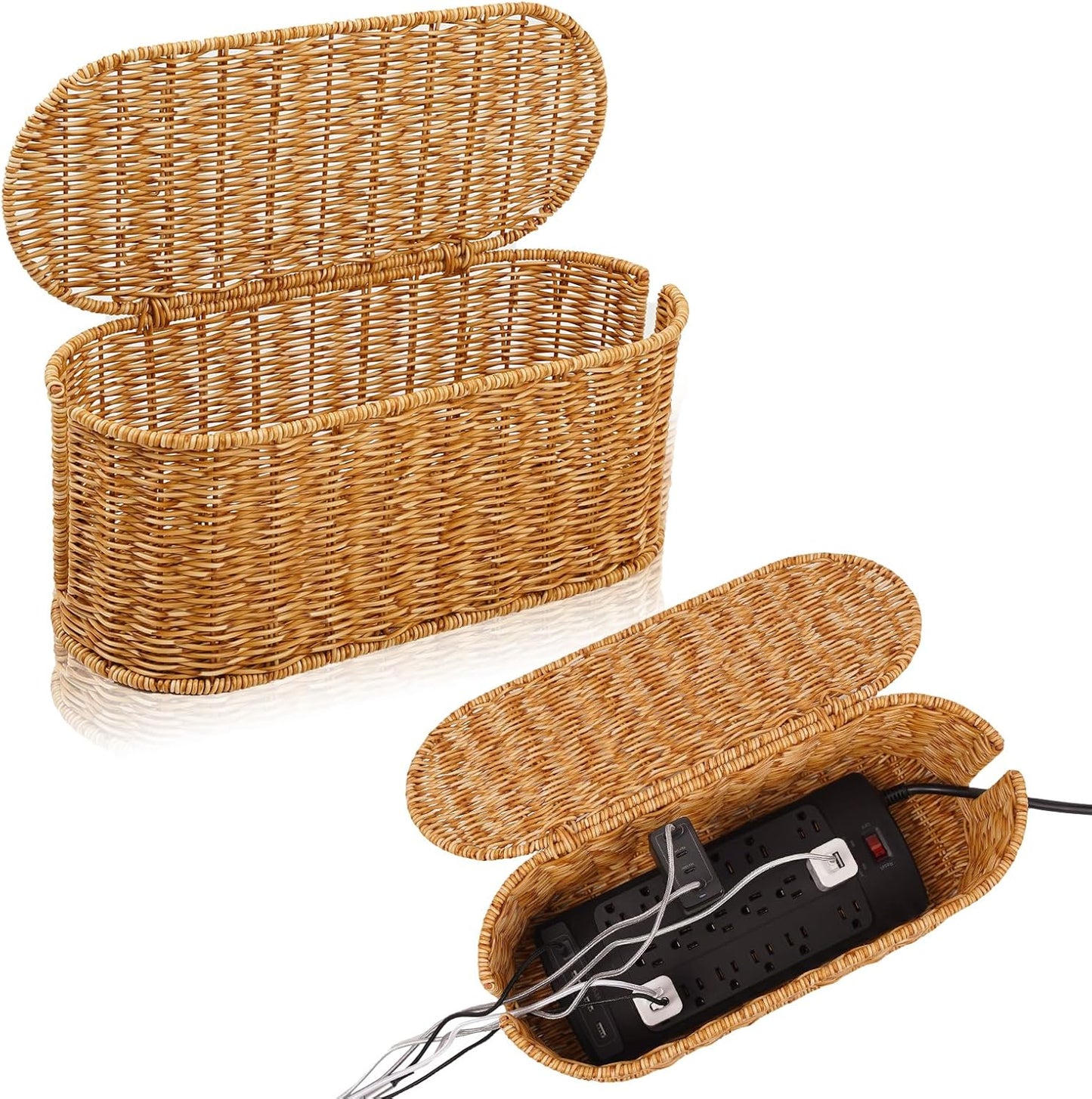 Cable Management Box, Handmade Rattan Cable Organizer with 2 Open Slots, Cord Hider for Power Strip, Router & USB Hub, Registered U.S. Design Patent (D1,112,102), 13" x 5.1" x 5.1", Natural