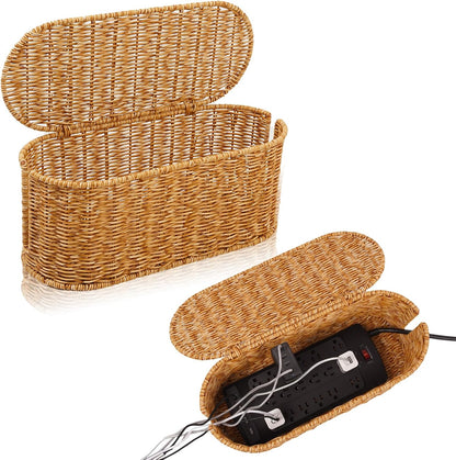 Cable Management Box, Handmade Rattan Cable Organizer with 2 Open Slots, Cord Hider for Power Strip, Router & USB Hub, Registered U.S. Design Patent (D1,112,102), 13" x 5.1" x 5.1", Natural