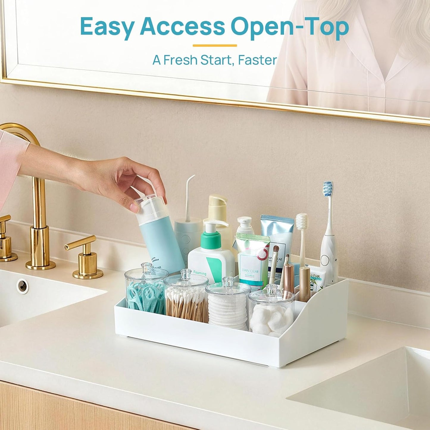 Vtopmart 6 PCS Bathroom Countertop Organizer, 1 Divided Tray with 4 Qtip Holder Jars and 1 Drawers, Restroom Clear Organizers for Toothbrush, Cotton Pads, Vanity Accessories Storage Set