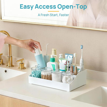 Vtopmart 6 PCS Bathroom Countertop Organizer, 1 Divided Tray with 4 Qtip Holder Jars and 1 Drawers, Restroom Clear Organizers for Toothbrush, Cotton Pads, Vanity Accessories Storage Set