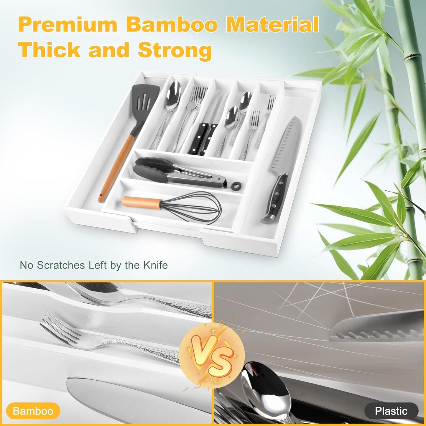Expandable Bamboo Kitchen Drawer Organizer for Cutlery and Utensils, Adjustable Bamboo Wood Cutlery Tray in Drawer for Flatware and Silverware in Kitchen, (Natural)