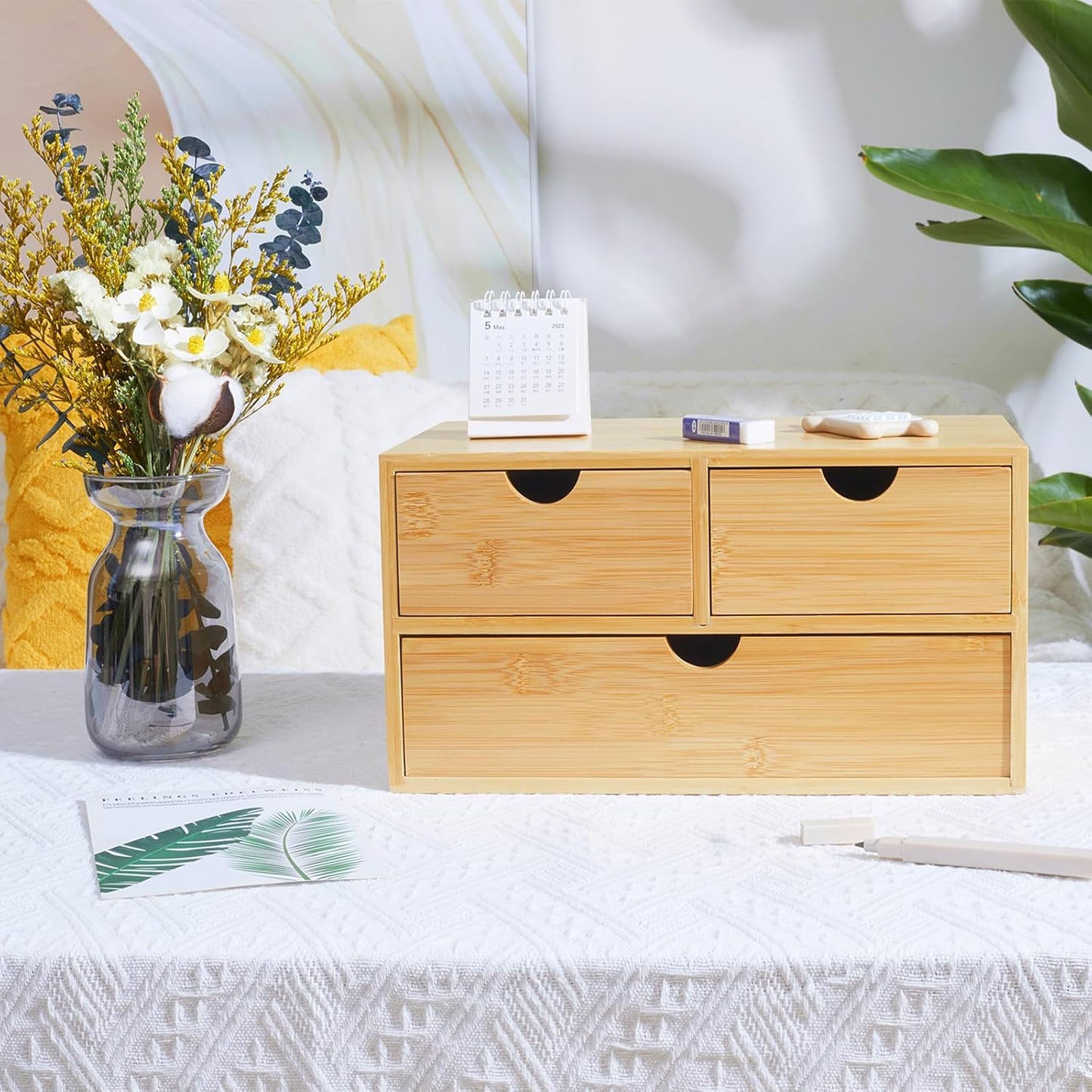 Charmewooden Bamboo Desk Organizer with 3 Drawers, Countertop Organizer with Drawers Makeup Storage Drawer 3 Drawers Tabletop Storage Organization Box Home Office Workspace