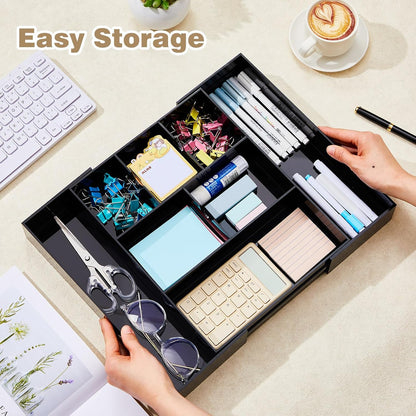 Briwooody 1 Pcs Acrylic Desk Drawer Organizer 9'' up to 16'' x 12'' x 2.2'' Expandable Drawer Organizer Trays with 10 Adjustable Compartments Clear Desk Accessories for Makeup Office Bathroom