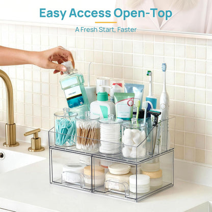 Vtopmart 6 PCS Bathroom Countertop Organizer, 1 Divided Tray with 4 Qtip Holder Jars and 1 Drawers, Restroom Clear Organizers for Toothbrush, Cotton Pads, Vanity Accessories Storage Set