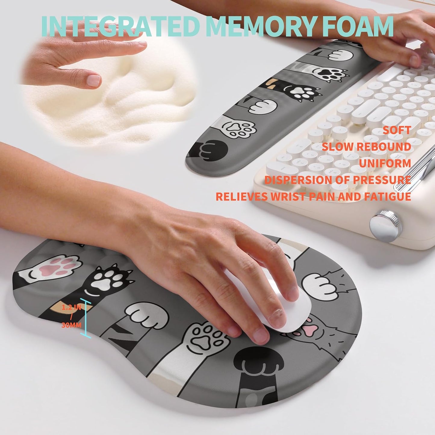 2-in-1 Ergonomic Set, Wave Rise Keyboard Wrist Rest and Massage Bulge Slope Mouse Pad Wrist Support, Cushion Memory Foam Integrated to Relieve Wrist Pain, Black