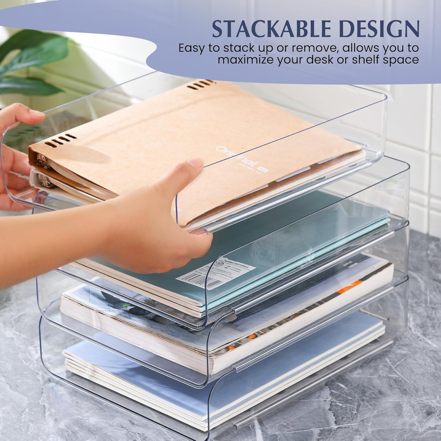 CiWiVOKi 2 Pack Stackable Paper Tray, Acrylic File Organizer for Desk, Office Organizer and Storage for Desk Accessories, Notes, Books, File Paper, Document