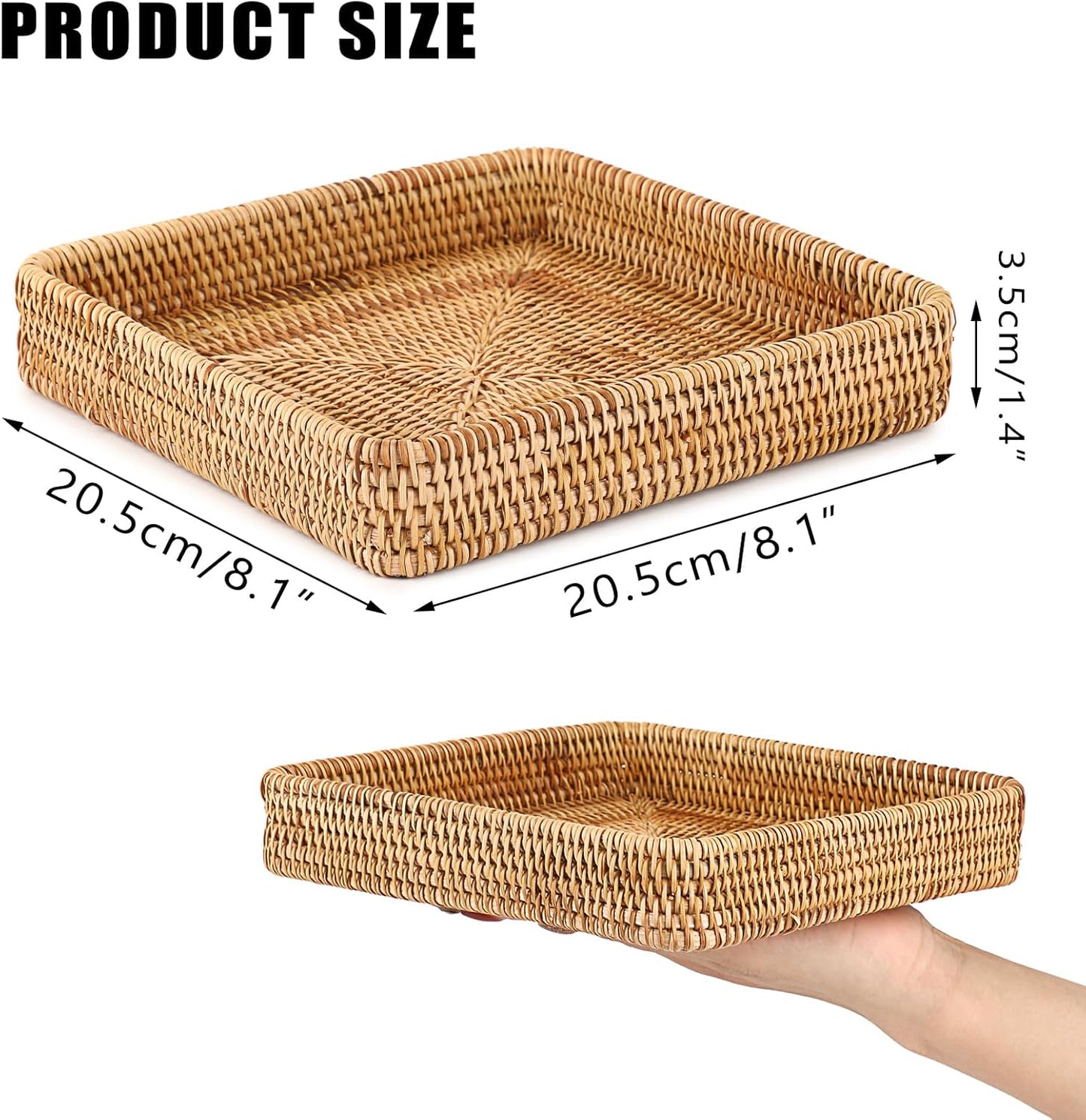Hipiwe Key Basket Tray for Entryway Table Rattan Serving Tray Handwoven Wicker Baskets Vanity Trays Square Decorative Fruit Trays for Kitchen Counter Bedside Living Room Bathroom, 8.1"