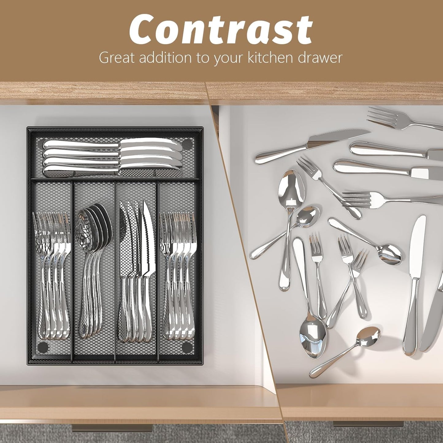 Sedegn Silverware Organizer Metal Mesh, Small Drawer Organizer, Utensil Cutlery Tray for kitchen drawers, Flatware Organizer with 5 Compartment, Black(9.3"*12.6")