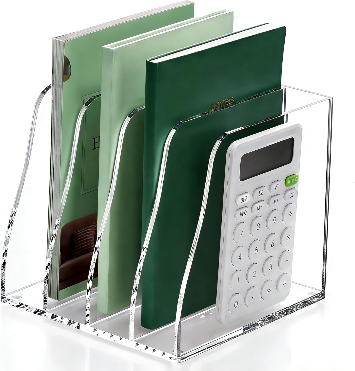 YUXUN Clear Acrylic File Folder Holder - 4 Vertical Compartments Desk Document Sorter, Upright Magazine Rack for Office/Home/Classroom, Stores Documents, Tablets, Magazines, Books & Accessories