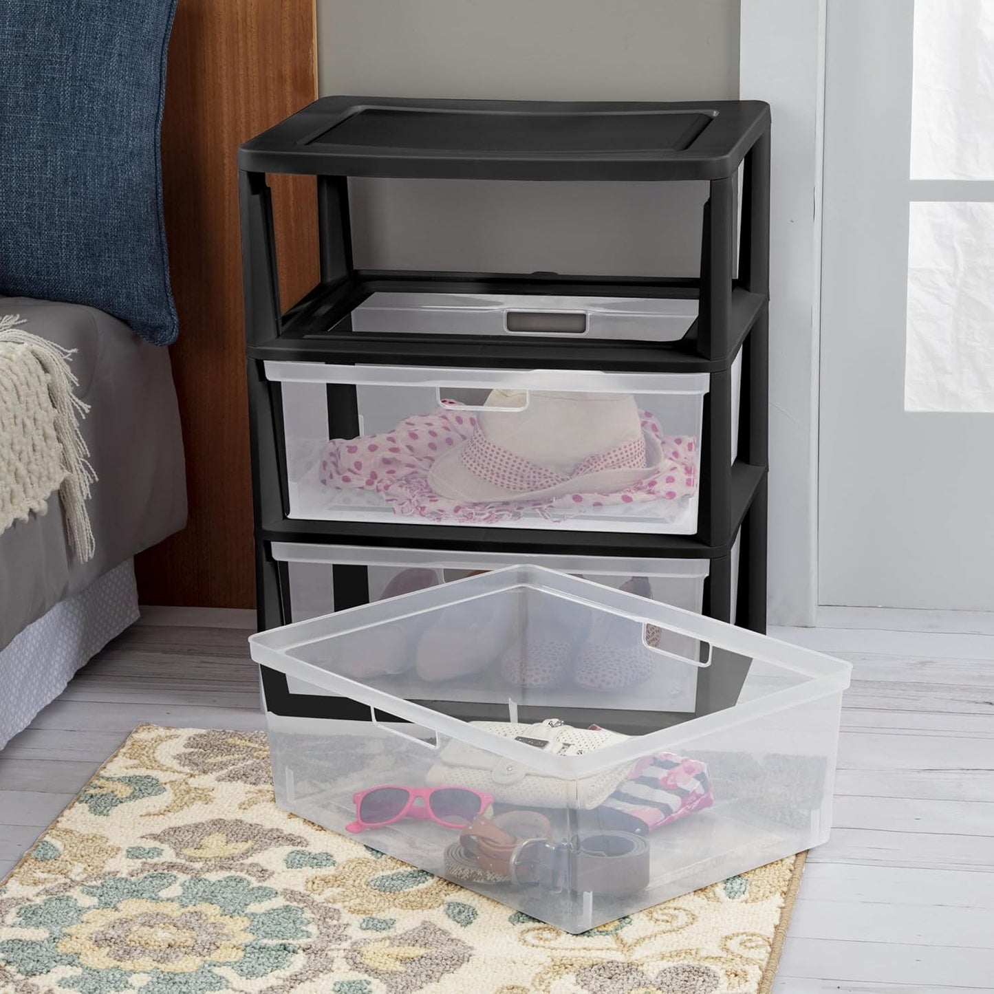 3-Drawer Storage Tower with Removable Clear Plastic Bins, Tool-Free Assembly, Multiple Sizes for Home Office (15.7"W)