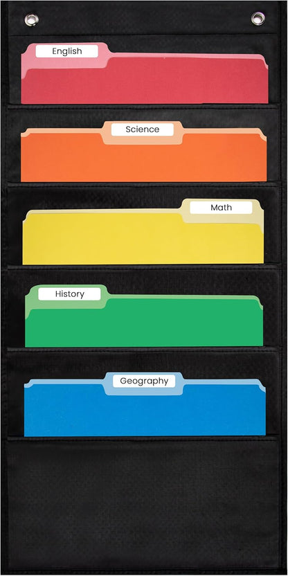 Essex Wares - 7 Pocket File Pocket Chart, Black, Tall - Versatile Wall Hanging File Folder Organizer for Classroom, Office, Home, and More - Wall Folder Organizer - 7 Pockets