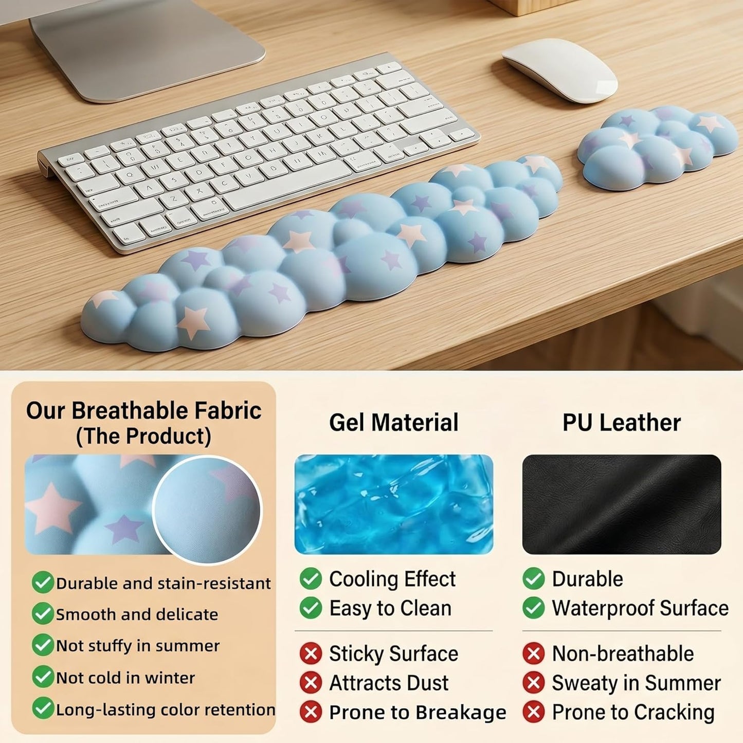 Cloud Wrist Rest Set for Keyboard and Mouse, Includes Cute Coaster, with Computers and Laptops（Purple Star Set）