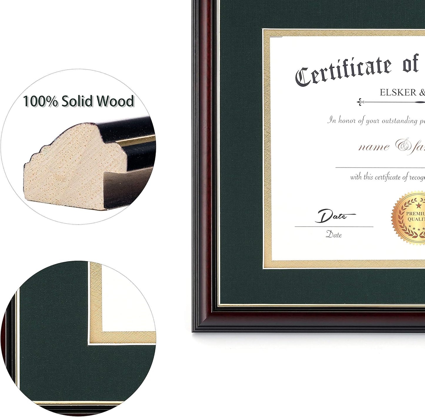 ELSKER&HOME Diploma Frame - Wide Solid Wood Frame - Black Velvet Golden Rim Mat - Semi-Tempered Glass - Includes Hanging Hardware and Desktop Easel(ONLY Display 11×14 Document/Certificate)