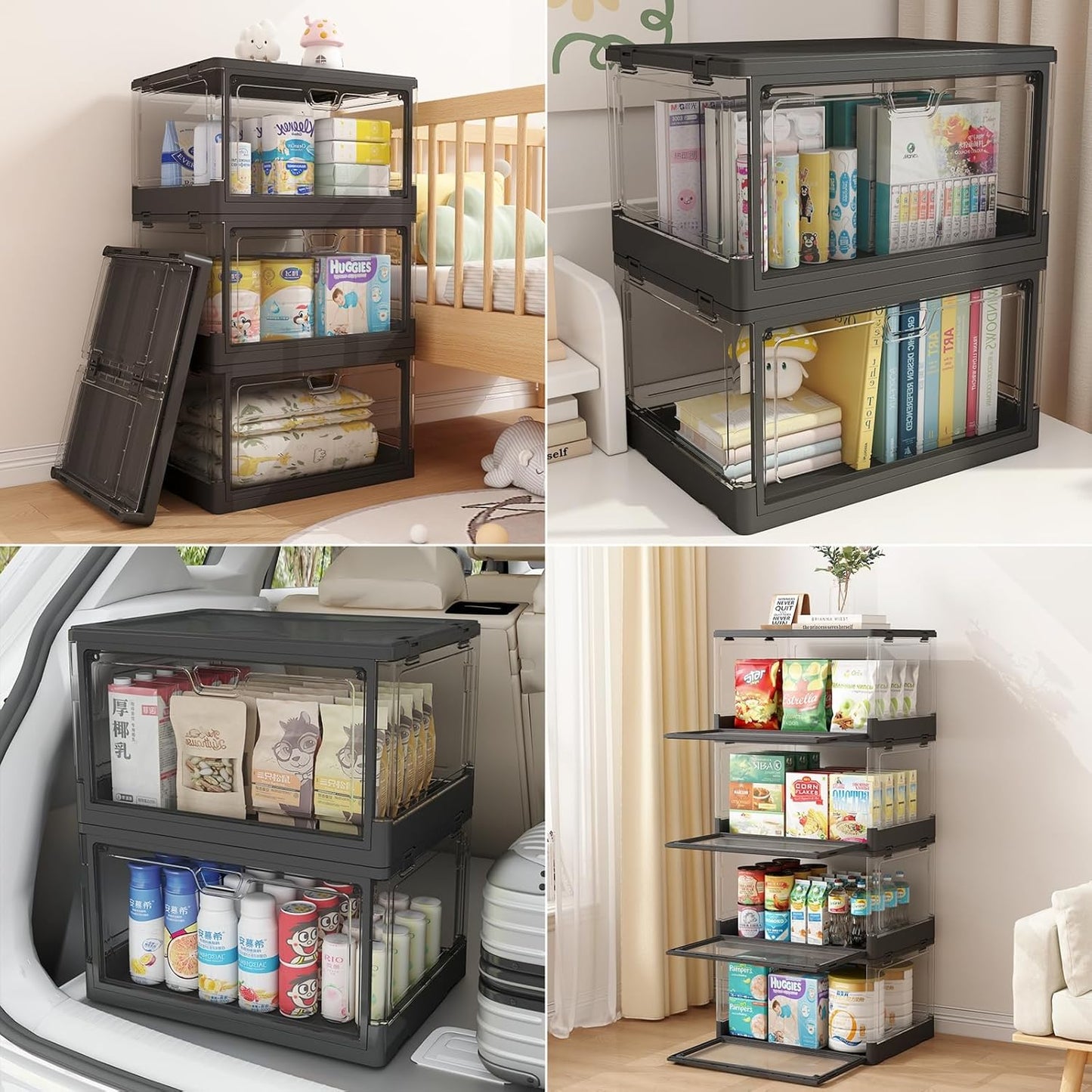 HYBRIDEAS 3-Pack Clear Stackable Storage Bins with Lids Magnetic Doors Open Front Foldable Folding Plastic Craft Containers Large Closet Organizers Box for Bedrooms Living Rooms Study Kids' Toys 24 QT