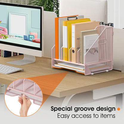 Desk File Folder Holder Organizer-5 Vertical Compartments Racks and Paper Letter Tray,Mesh Magazine File Holder Sorter,Desktop Accessories & Workspace Organizers for Home,Office,School-Black