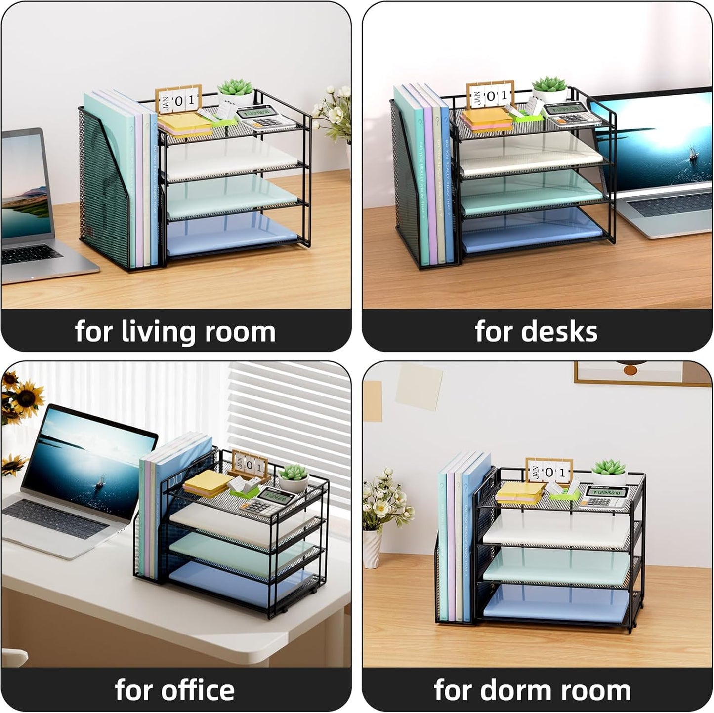 Marbrasse Desk Organizer and Accessories，4-Tier Paper Letter Tray Organizer with File Holder，Desk Accessories & Workspace Desktop Organizers for School Home Office Supplies (Blue)