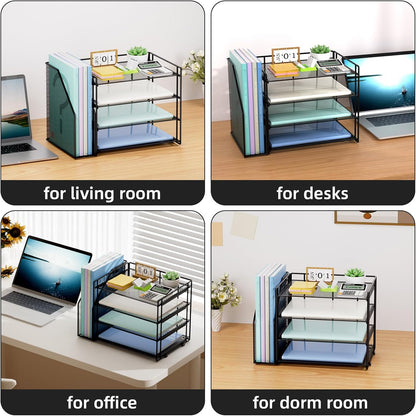 Marbrasse Desk Organizer and Accessories，4-Tier Paper Letter Tray Organizer with File Holder，Desk Accessories & Workspace Desktop Organizers for School Home Office Supplies (Blue)