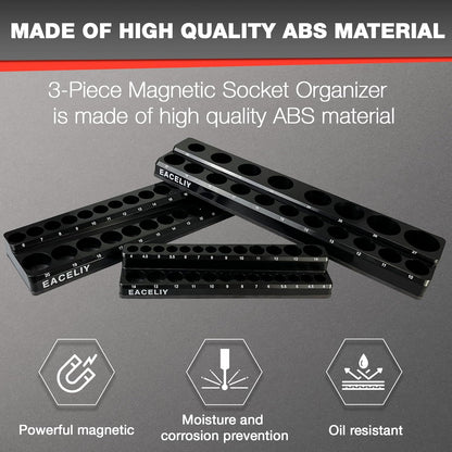 EACELIY 6-Piece Magnetic Socket Organizer Set, 1/2", 1/4" and 3/8" SAE & Metric Deep & Shallow Socket Holder Kit, holds 141 stanard Sockets, attaches to steel box/tool cart (sockets not included)