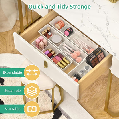 Desk Drawer Organizer Tray, 4 Pack Expandable Drawer Organizer with Dividers Adjustable, Bathroom Organizer Bins for Junk, Office, Makeup, Kitchen Utensil