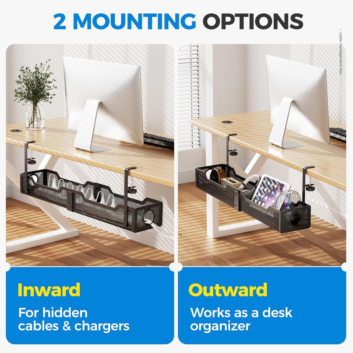 Under Desk Cable Management Tray White, Cinati Wire Organizers No Drill, Cable Tray with Clamp for Wire Management, Cord Organization Box for Office, Home - No Damage to Desk