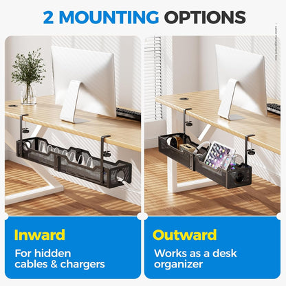 Under Desk Cable Management Tray White, Cinati Wire Organizers No Drill, Cable Tray with Clamp for Wire Management, Cord Organization Box for Office, Home - No Damage to Desk