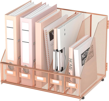 SUPEASY Desk Organizers Metal Desk Magazine File Holder with 5 Vertical Compartments Rack File Organizer for Office Desktop, Classroom, Home Workspace, Black