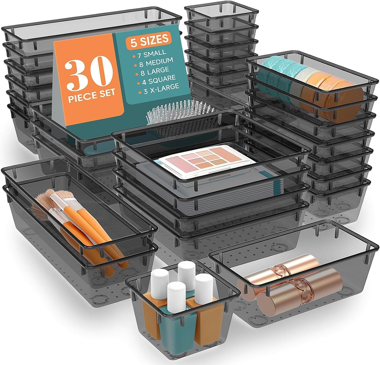 WOWBOX 30 PCS Clear Plastic Drawer Organizer Set, 5 Sizes Desk Drawer Divider Organizers and Storage Bins for Makeup, Jewelry, Gadgets for Kitchen, Bedroom, Bathroom, Office, Black