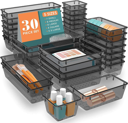 WOWBOX 30 PCS Clear Plastic Drawer Organizer Set, 5 Sizes Desk Drawer Divider Organizers and Storage Bins for Makeup, Jewelry, Gadgets for Kitchen, Bedroom, Bathroom, Office, Black