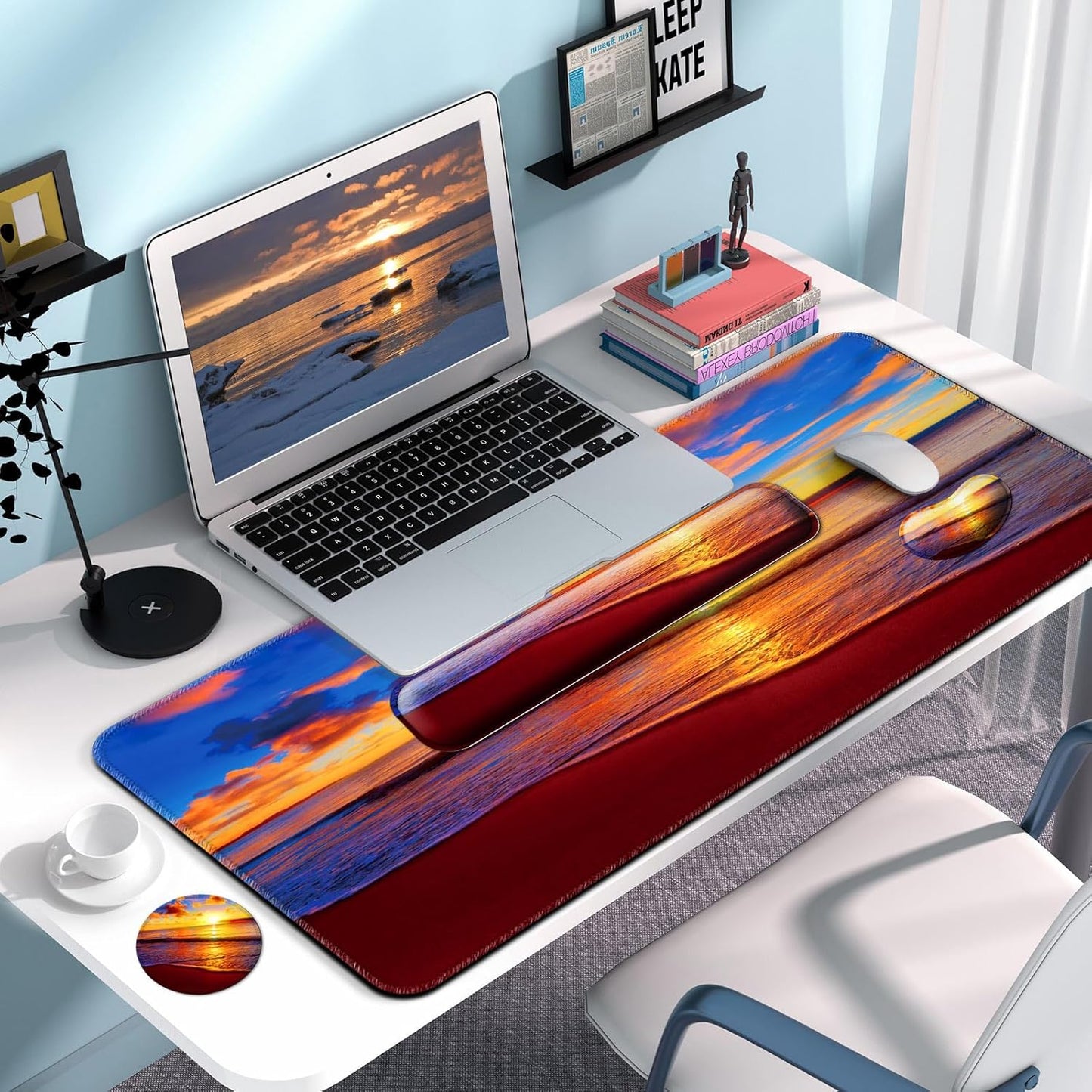 Keyboard Wrist Rest + Mouse Pad with Wrist Support + Desk Mat + Coaster 4 in 1 Set, XXL Large Gaming Mousepad Cute Ergonomic Mouse Pads for Desk Computer Laptop Office Decor-Beach