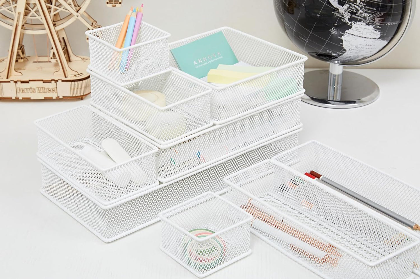 Annova Stackable Mesh Drawer Cabinet and Shelf Organizer Bins Storage Basket School Office Supply Holder Tray- Set of 2 (Gold, 3x3x2 Inch)