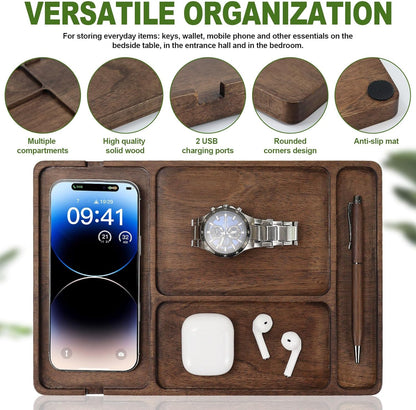 MultiBey Walnut Wood Valet Tray - Wooden Nightstand Organizer for Men Women, 4 Slot Desk Drawer Organizer Tray, EDC Catch All Tray with Cable Slot for Phone Watch Wallet Key Jewelry