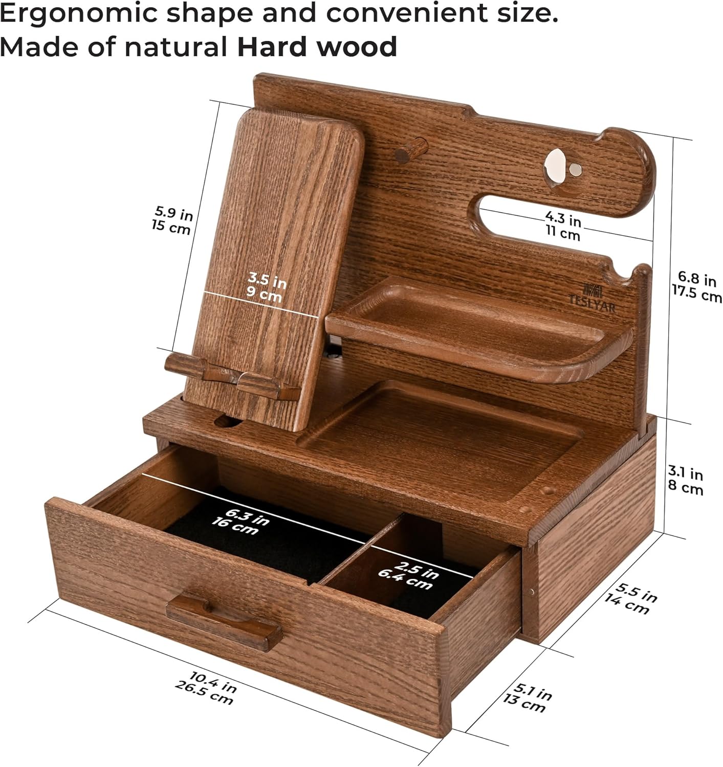 TESLYAR Wood Phone Docking Station with Drawer - Nightstand Organizer - Desk Organizer for Husband - Birthday Gifts for Men, Dad, Anniversary Idea, Key Holder Stand Watch & Accessories (Antique Brown)