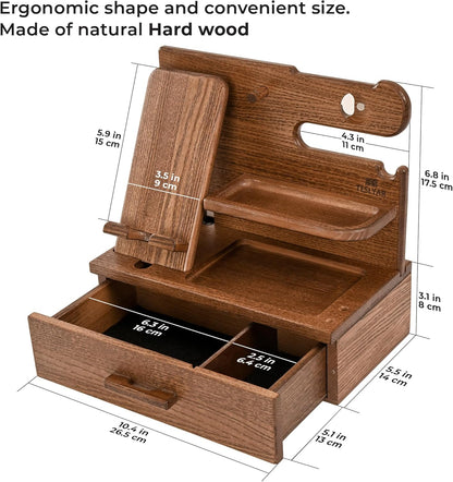 TESLYAR Wood Phone Docking Station with Drawer - Nightstand Organizer - Desk Organizer for Husband - Birthday Gifts for Men, Dad, Anniversary Idea, Key Holder Stand Watch & Accessories (Antique Brown)