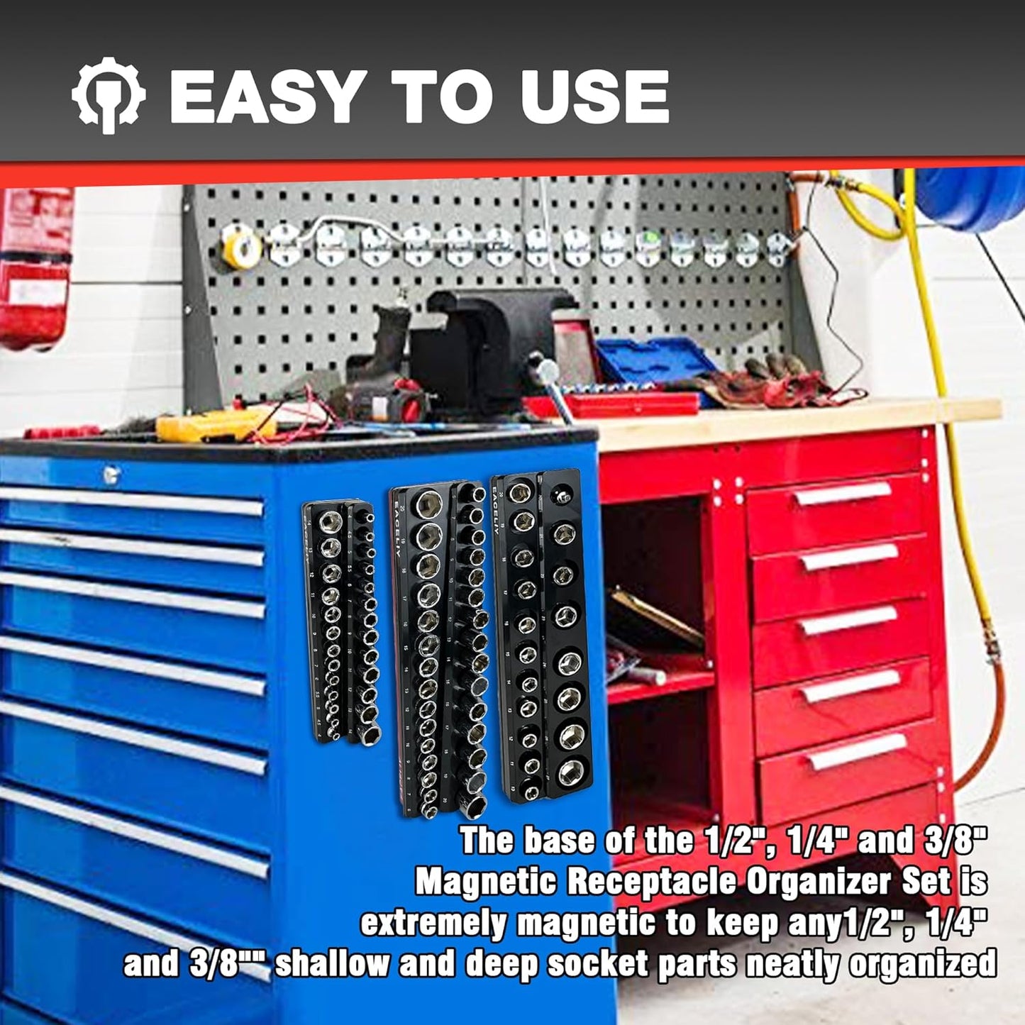 EACELIY 6-Piece Magnetic Socket Organizer Set, 1/2", 1/4" and 3/8" SAE & Metric Deep & Shallow Socket Holder Kit, holds 141 stanard Sockets, attaches to steel box/tool cart (sockets not included)
