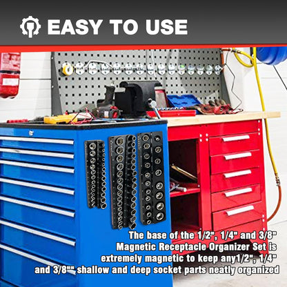 EACELIY 6-Piece Magnetic Socket Organizer Set, 1/2", 1/4" and 3/8" SAE & Metric Deep & Shallow Socket Holder Kit, holds 141 stanard Sockets, attaches to steel box/tool cart (sockets not included)
