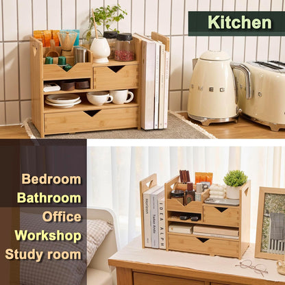 Pandorama Bamboo Desk Organizer Large - A4 Drawers & Adjustable File Holder, Fully Assembled Wood Desktop Storage for Kitchen, Bedroom, Bathroom, Study Room