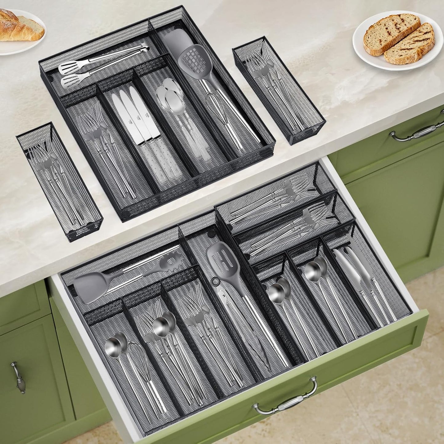 Neudeco Drawer Organizer Set 6 Pack - 5-Compartment Silverware Organizer Tray + 5 Utensil Trays, Kitchen Drawer Organizer for Flatware, Cutlery, Office Supplies, Black Mesh, Non-Slip.