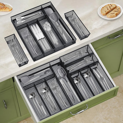 Neudeco Drawer Organizer Set 6 Pack - 5-Compartment Silverware Organizer Tray + 5 Utensil Trays, Kitchen Drawer Organizer for Flatware, Cutlery, Office Supplies, Black Mesh, Non-Slip.