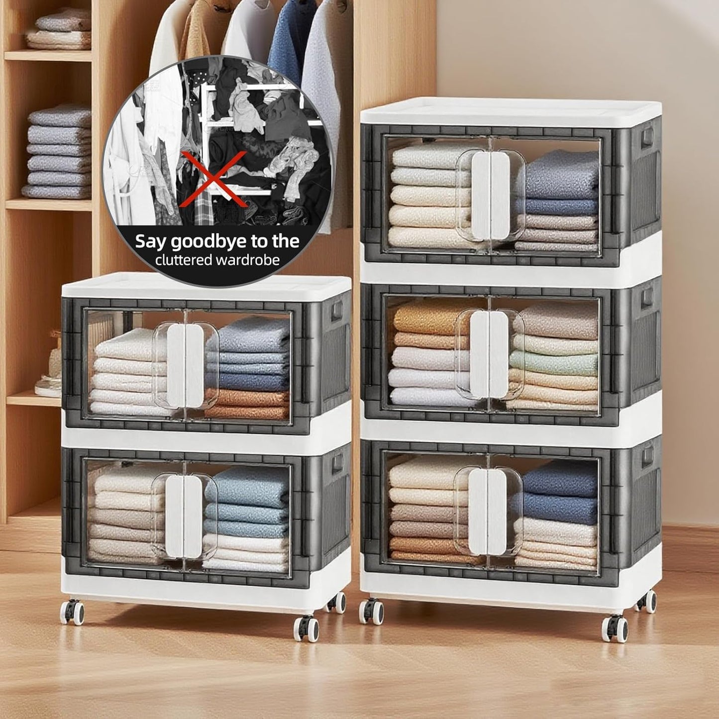 Folding Storage Organizer with Silent casters | Stackable Design for Home & Office, Heavy-Duty Plastic Storage Bin with Clear Door, 3 Sizes (19.5/23.5/27.5in),Black/White (23.6" 1 layer, White)