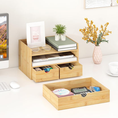 Wisuce Desk Organizer with Drawers - Bamboo Desktop Organizer Storage Natural Wood Desk Drawers Organizer for Bills, Office Supplies, Cosmetics, Seals No Assembly Required 3 Drawers（left-right)