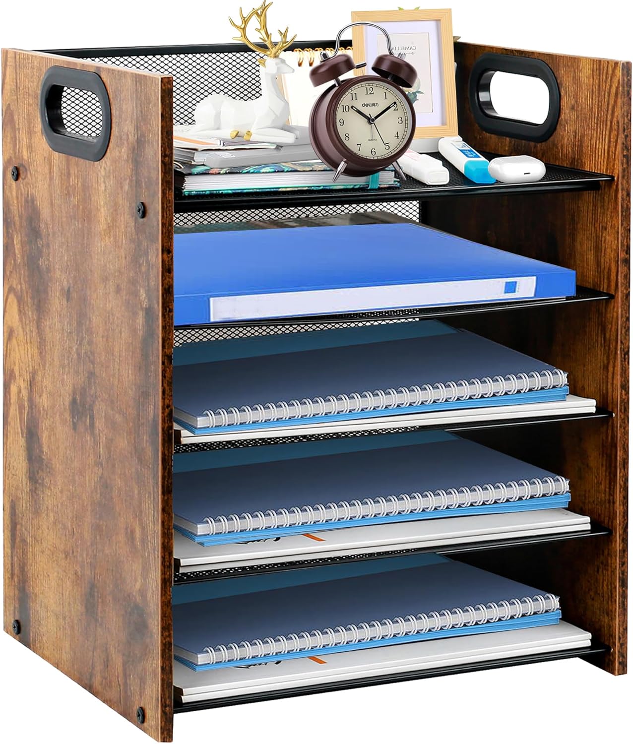 Wood Desk Organizer - 3-Tier Desktop File Organizer with Drawer, Wooden Paper Tray, Office Desk Organzier and Accessories for Papers, Mail, Notebooks, Stationery